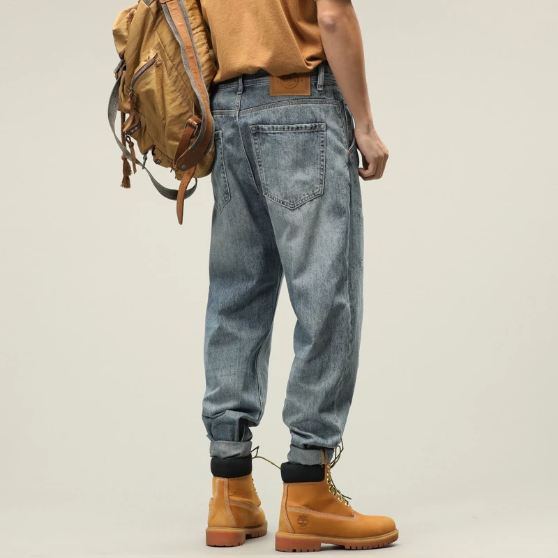 EH·MD Loose Light Blue Jeans Simple Atmosphere Large Size Trend Pure Cotton Casual Cat Whisker High Street Fashion Zipper Pocket