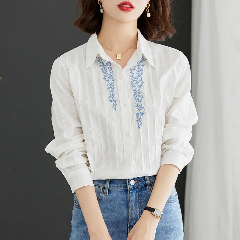 

Women White Color Embroidery Shirts Korean Loose 100% Cotton Turn Down Collar Blouse Lady Single Breasted Pure Cotton Clothes