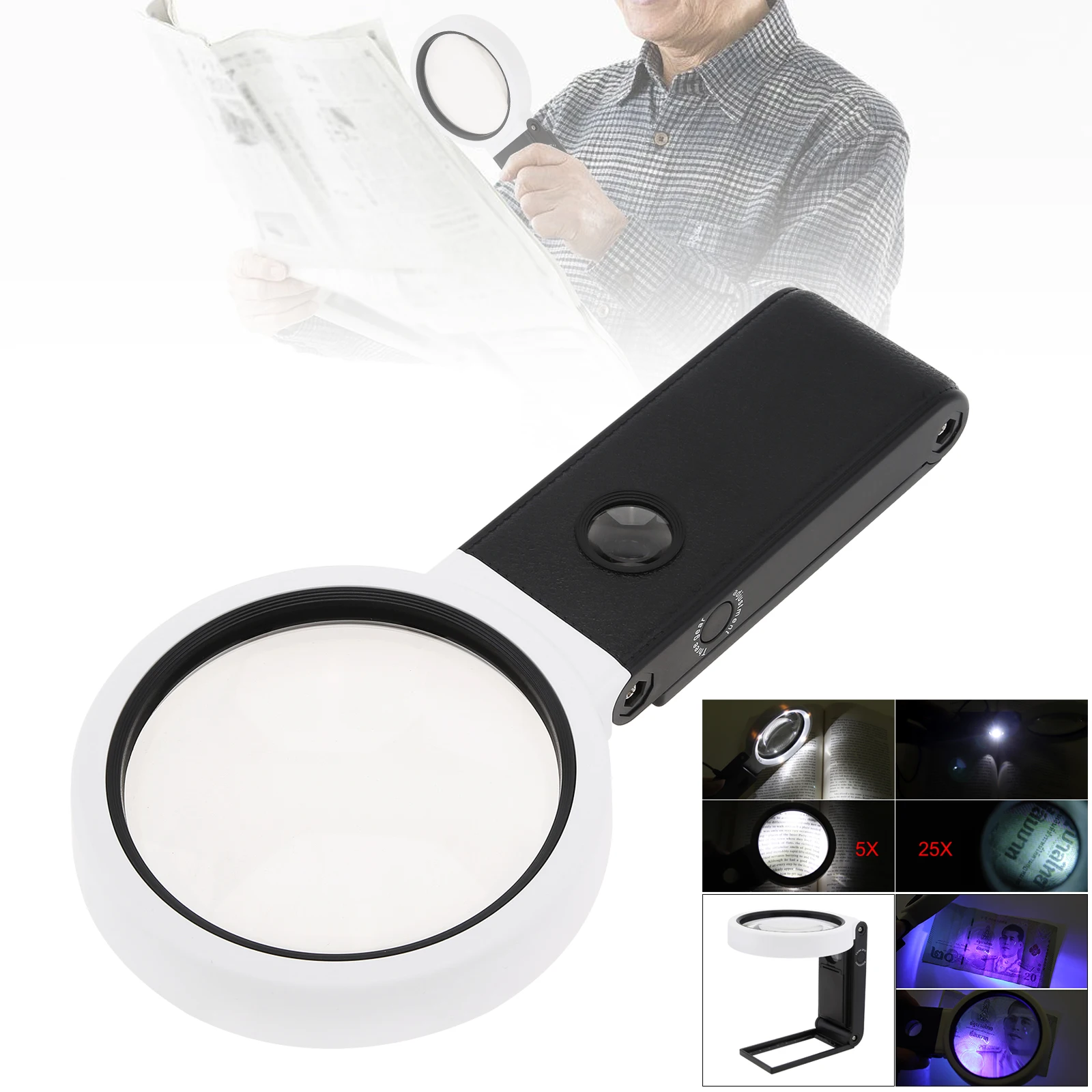 

5X 25X 90mm Foldable Magnifying Glass Reading Handheld Magnifying Glass LED Light for Newspaper Jewelry Identification tool