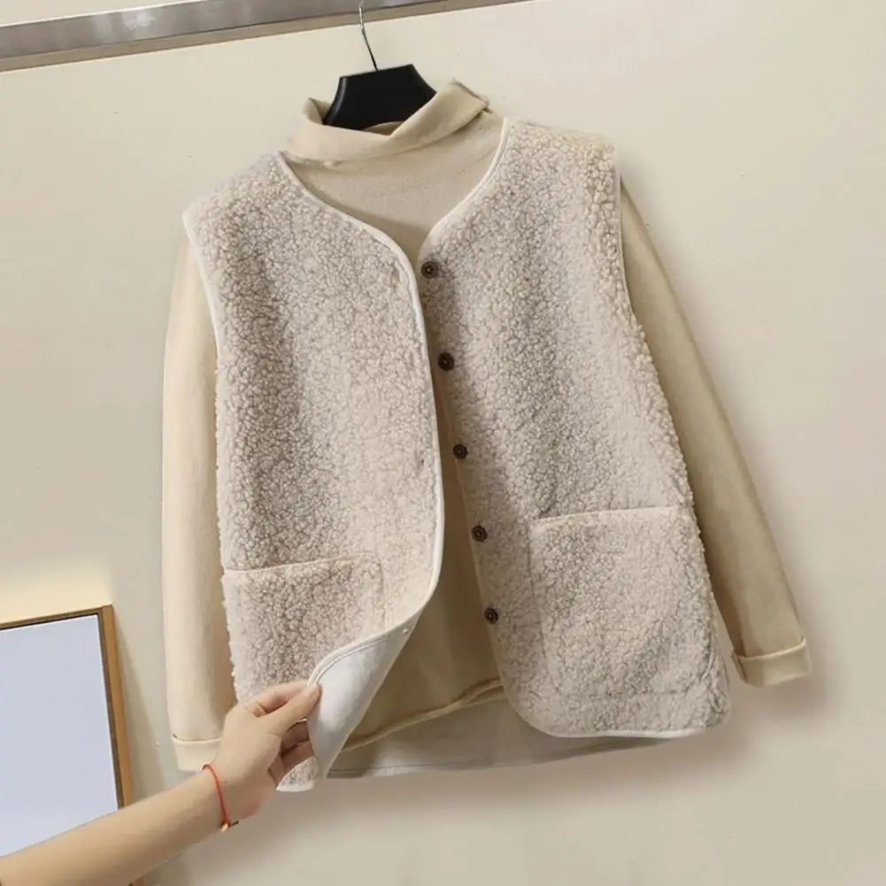 Vests New Spring Autumn Women Button Waistcoat Lamb Hair Winter Thermal Warm Thick Fleece Vests Sleeveless Jacket Ladies Coats winter ladies mid length fashion gloves imitation suede thick cotton 2020 new beige imitation lamb hair hand stitched to keep wa