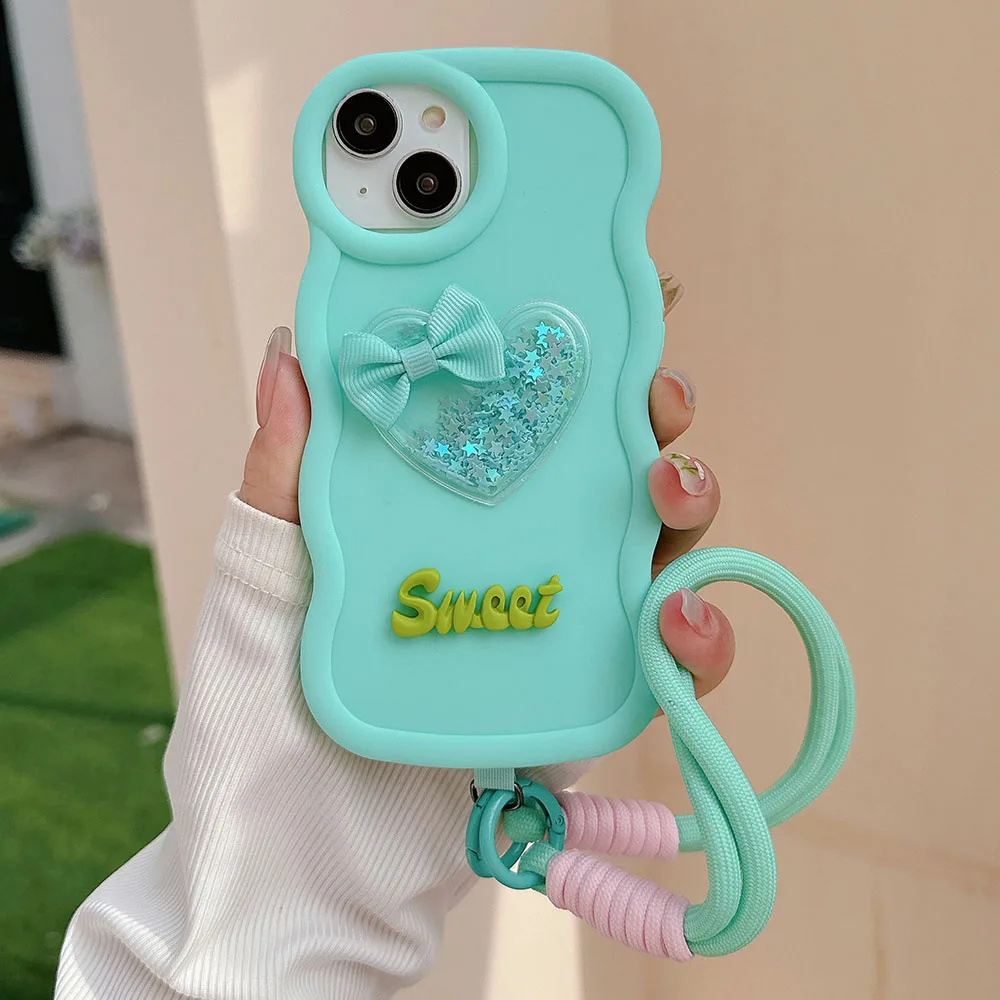 Love Heart Bow Wavy Soft Phone Case with Hanging Rope Back Cover