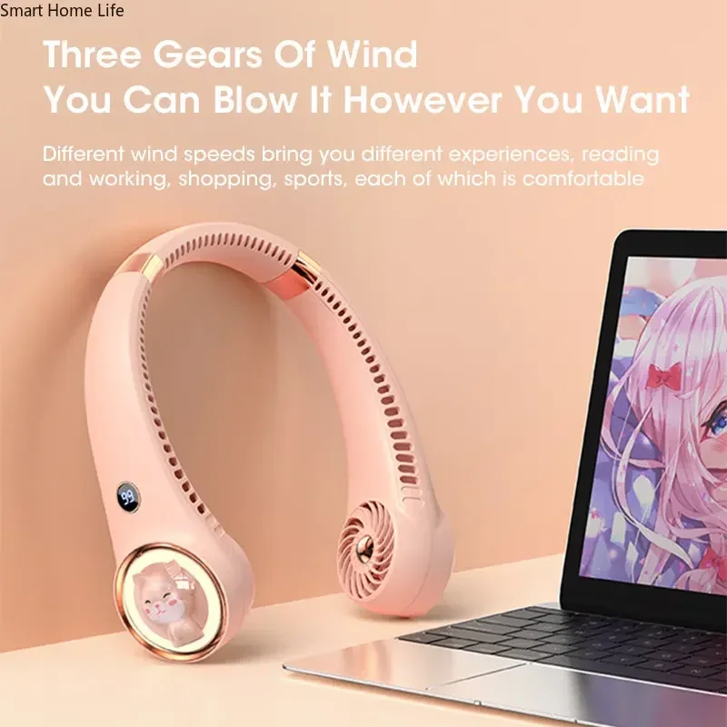 Bladeless Neck Fan USB Rechargeable 2000mAh Hands Free Digital Display Cat Design Mini Fan for Travel Office Home Use