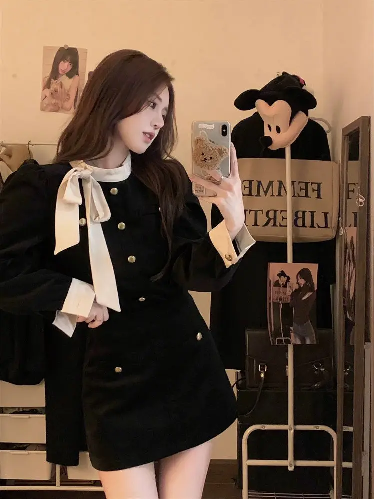 

French Style Elegant Bow Corduroy Women's Suit Jacket Top High Waist A-line Skirt Autumn and Winter Slimming Lady Two-piece Set
