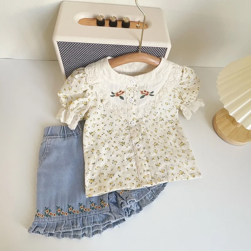 

2023 Summer Kids Girl Clothing Set Puff Sleeve Embroidery Flower Lace Printed Shirt+Denim Shorts Jeans 2PCS Children Clothes
