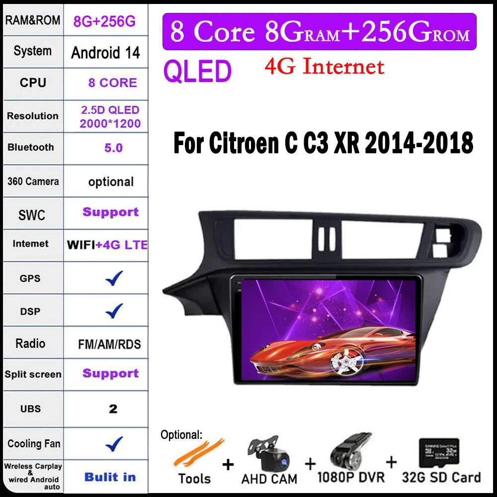 

Автомагнитола 9 дюймов для Citroen C C3 XR 2014-2018 Android 14 4G Lte, стерео, GPS, радио, мультимедиа, видео, CarPlay, автоголовное устройство