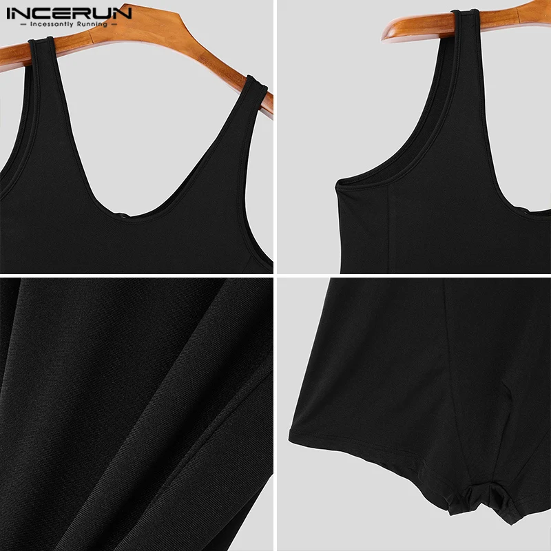American Style Men's Tight U-shaped Design Sleeveless Jumpsuits Casual Comfortable Male Solid Bodysuits