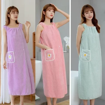Serviette de bain pour femmes, enveloppe portable pour adultes, absorbe l'eau, jupe pour cheveux secs en Polyester, Style Long, peignoir lavable pour salle de bain 1