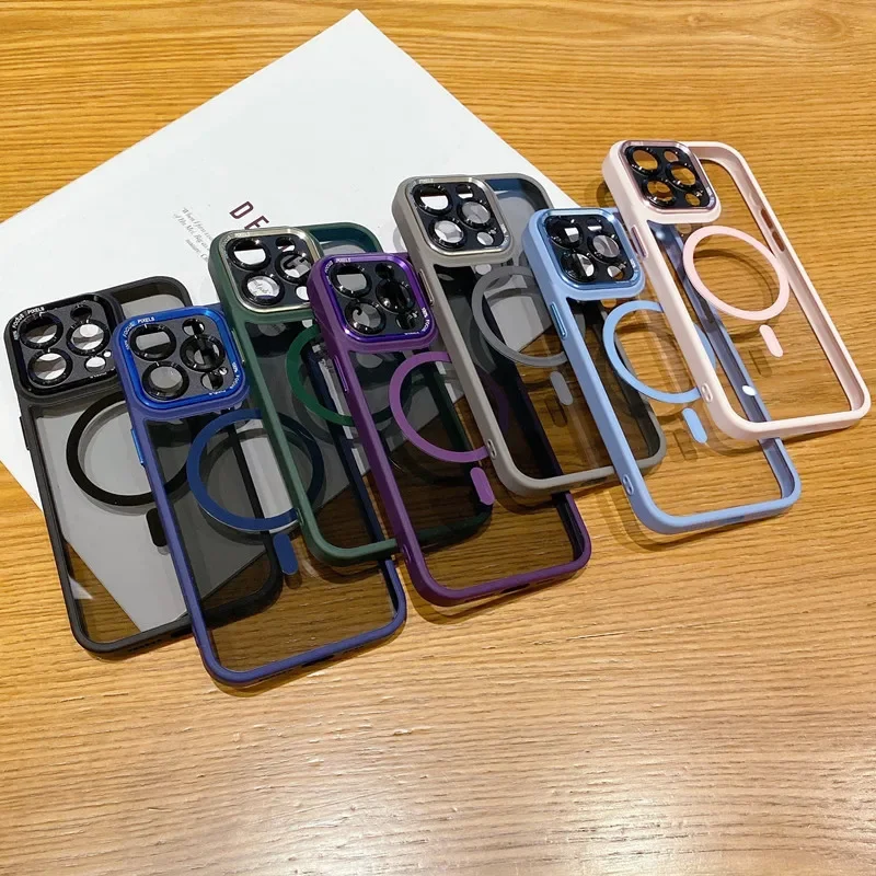 Luxury Magnetic Metal Lens Bumper Protection Case with Magsafe Acrylic Translucent Cover