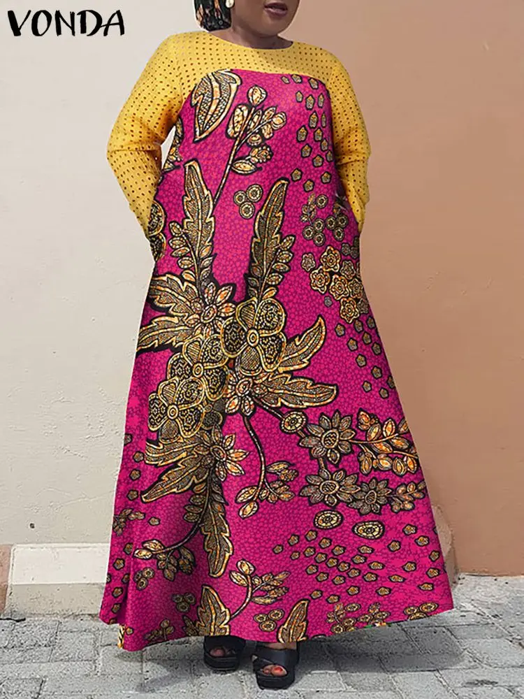

VONDA Bohemian Maxi Dress 2023 Summer Women Sundress Printed Patchwork Long Sleeve Hollow Out Holiday Pockets Casual Party Robe