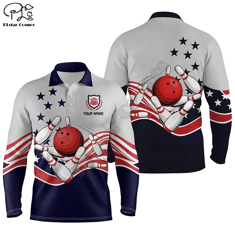 

Mens polo bowling shirts Custom American flag patriotic vintage Bowling team Jerseys 3D Printed Long sleeved Polo Shirts