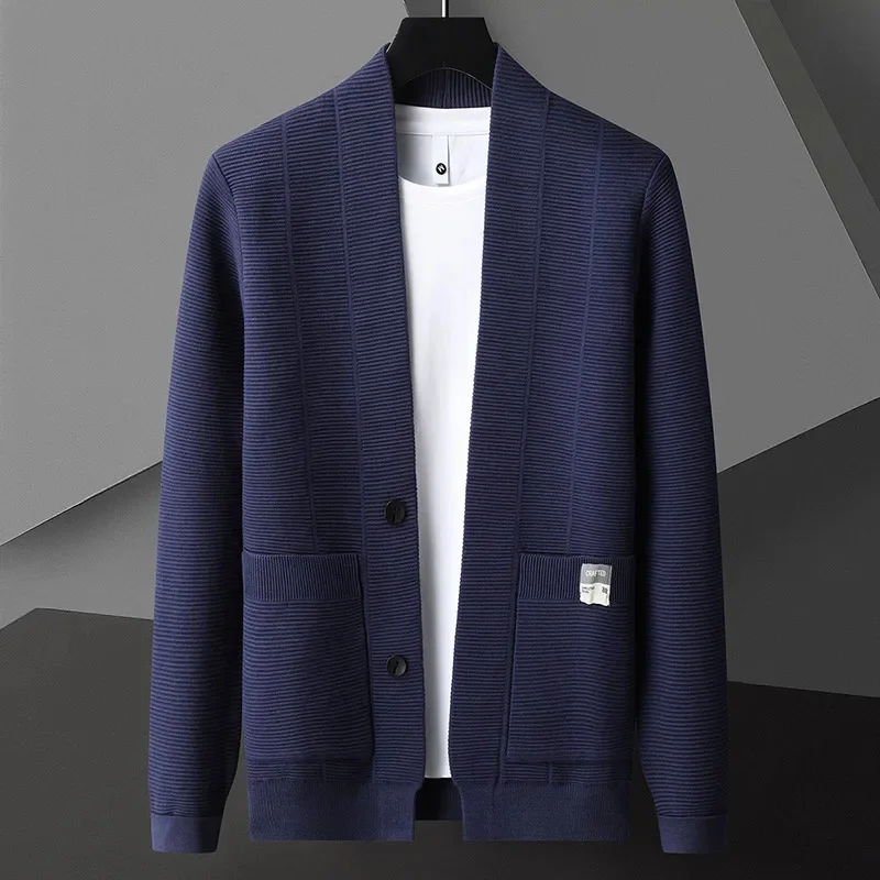 

High end brand men's shawl knitted cardigan Korean version fashionable solid color casual pocket sweater Spring and Autumn coat