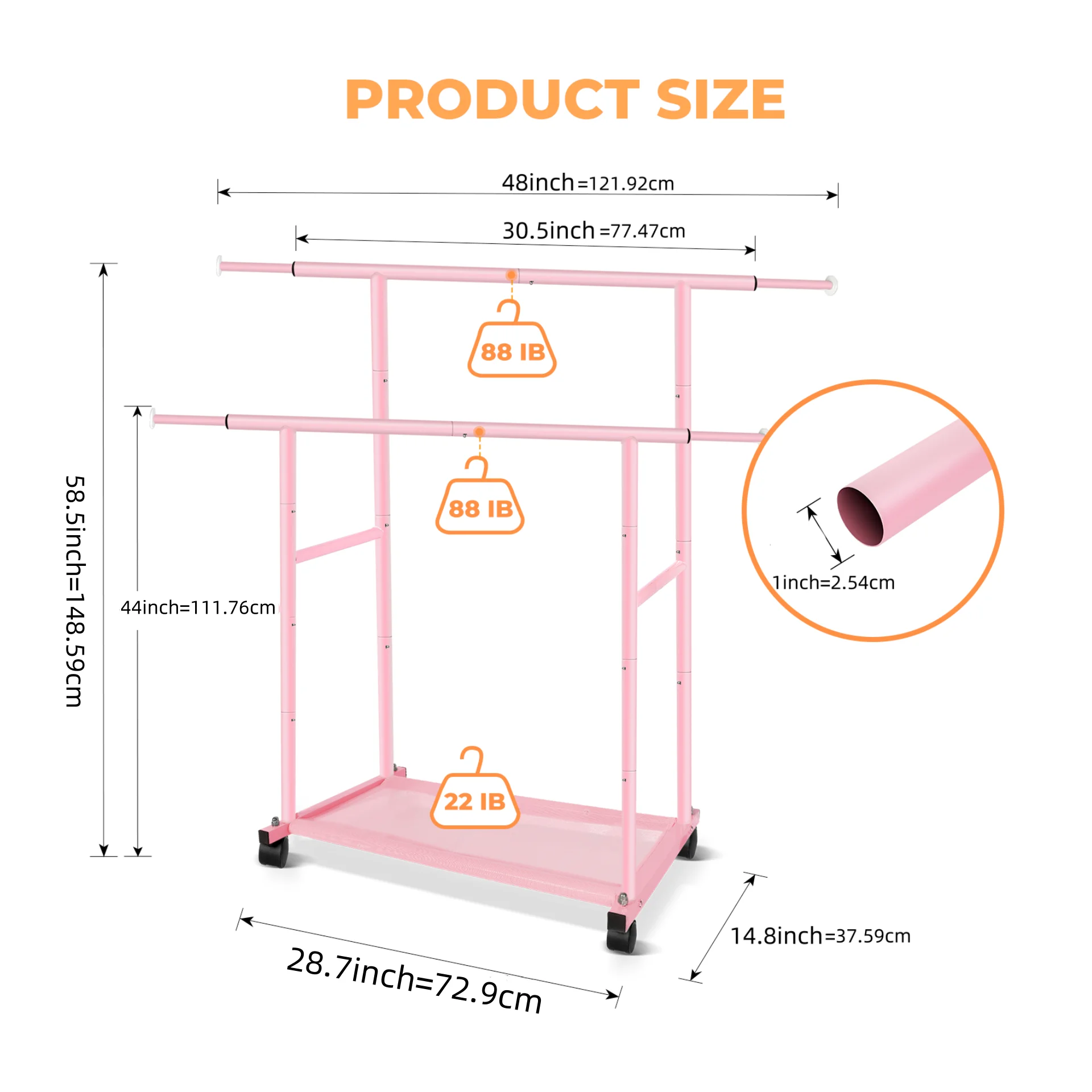 Pink Double Rod Storage Supplies Cute Standard with Net Rolling Clothes Rack Metal Load Bearing Clothing Rack