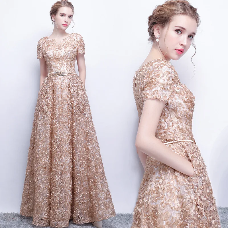 

Evening Dress Women 2023 New Elegant Short Sleeve Annual Party Gowns A-Line Floor-Length Formal Dresses With Belt