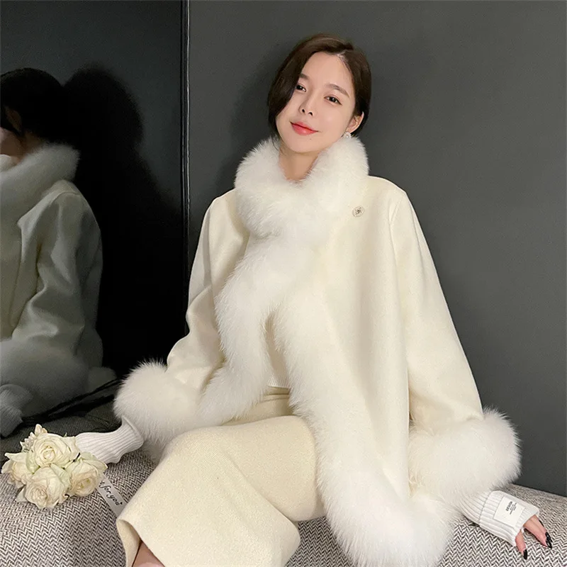 2023 Winter Cashmere Coat Chinese Style Fox Faux Furry Double-Sided Wool Loose Cape Warm Long Sleeved Jacket Women's Clothing