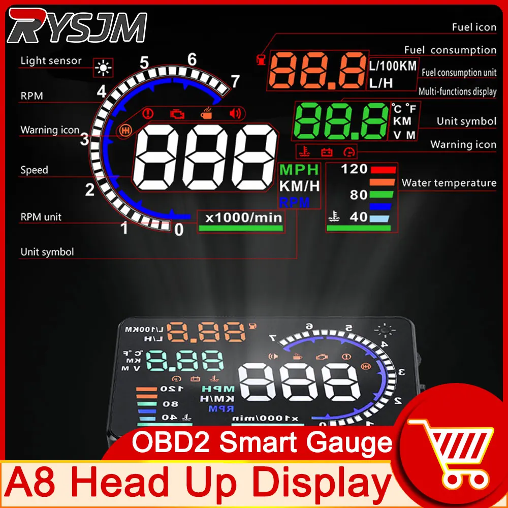 

A8 OBD2 HUD Car Head Up Display LED Windshield Projector Speedometer MPH KM/H RPM Meter Water Temp Speed Voltage Alarm Fuel Icon