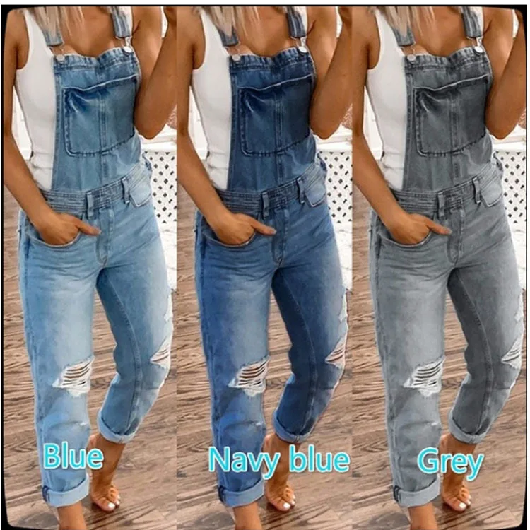 

VOLALO New Casual Boyfriend Ripped Jeans Jumpsuit Romper Women Pants Hole Sleeveless Denim Overalls For Women