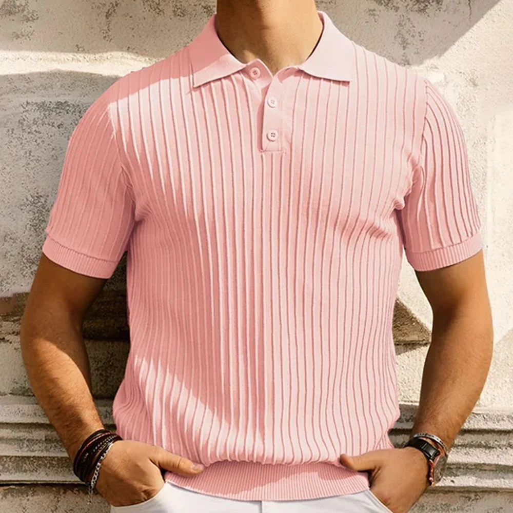 

Mens Simple Knitted Polo Shirt Solid Color Stripe Pattern Retro Handsome Casual Short Sleeve Sports Top 2024 Spring And Summer