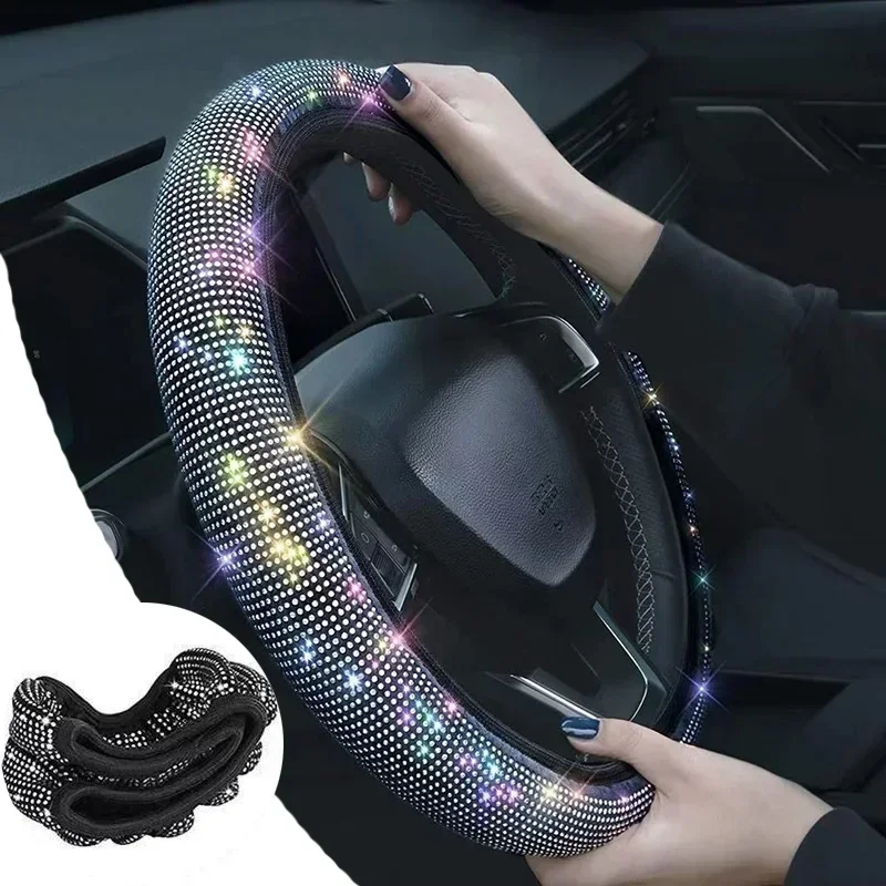 Bling Bling Diamond Rhinestones Car Steering Wheel Cover 37/38cm Auto Interior Accessories Women Case Car Styling Four Seasons steering wheel cover