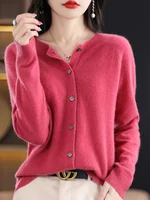 New Fashion Spring 100% Merino Wool Womens O-neck Cardigan Cashmere Sweater 2024 Female Clothing Grace Knitwear Korean Tops - Image 6