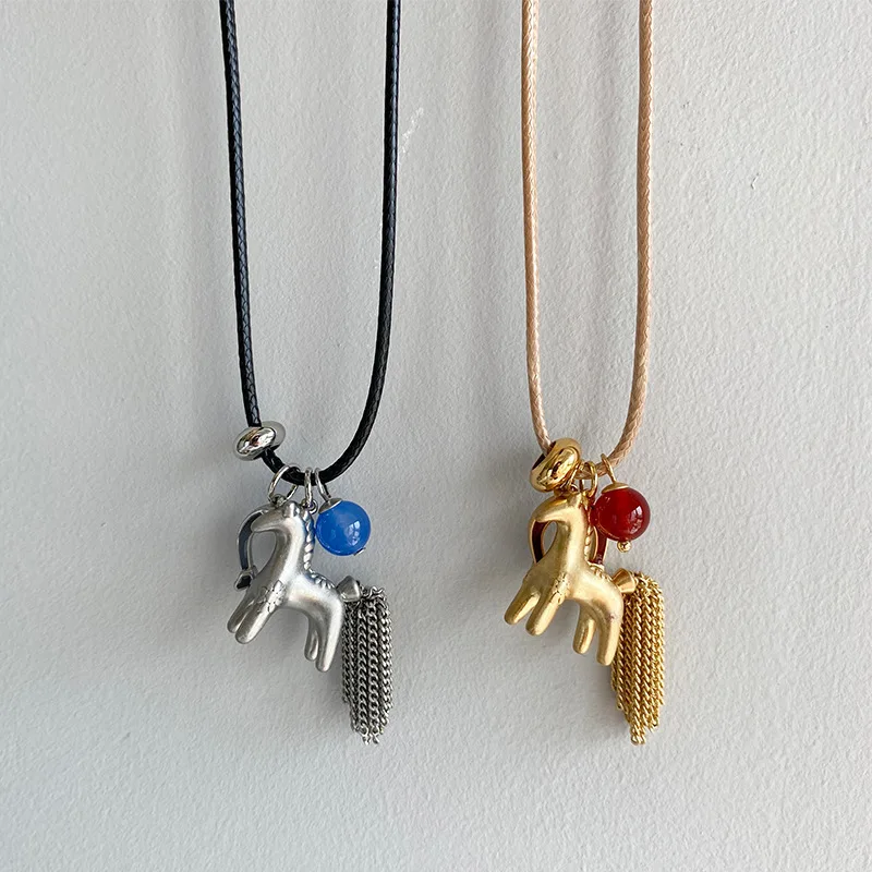 Minar Lustige metallische Cartoon-Pferde-Anhänger-Halsketten mit mehreren Quastenperlen für Frauen, weiblich, verstellbar, lange Wachsseilkette, Colliers_voghion.com