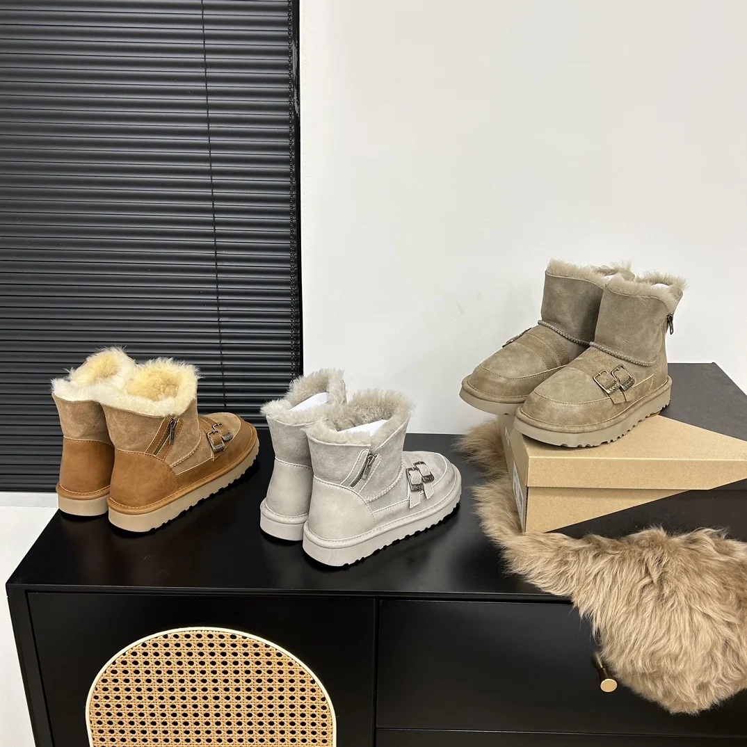 

Women Winter Snow Boots Double Leather Buckle Sheep Fur One Non-slip Mid-calf Boots Australia Hot Brand Outdoor Warm Ankle Boots