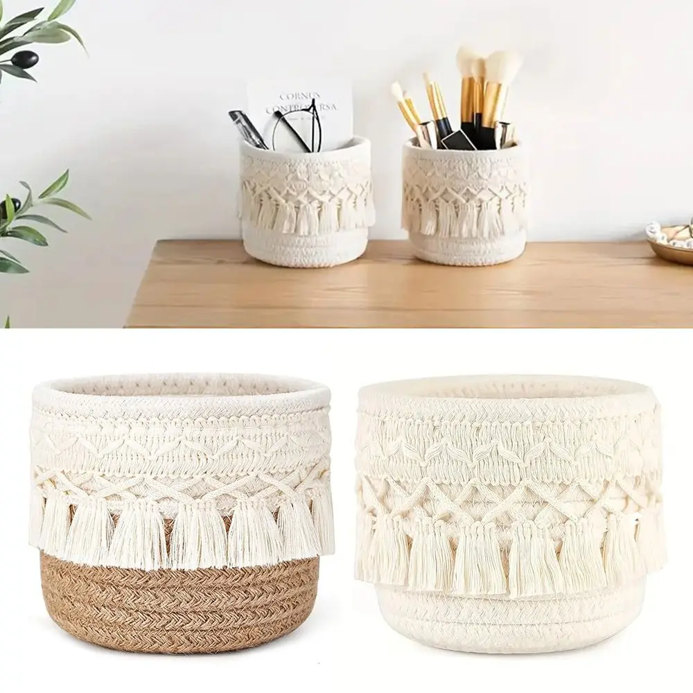 Tassels Desktop Storage Basket White Coffee Weaving Sundries Organizer Basket Photo Props Round Snacks Box Home Decoration