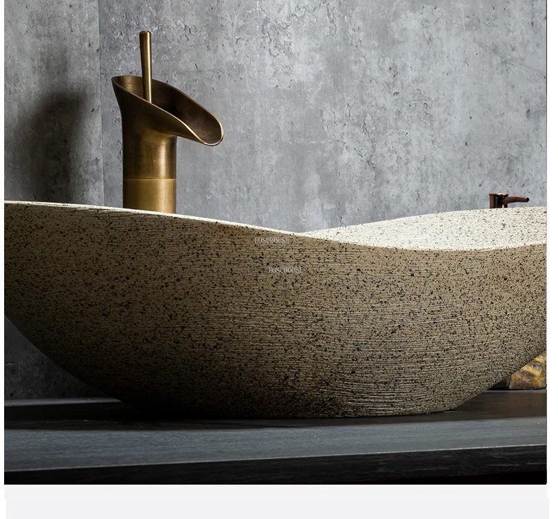 Modern Oval Bathroom Sinks Art Carved Countertop Basin Home Balcony Bathroom Washbasin Ceramic Handmade Basin Outdoor Washbasin