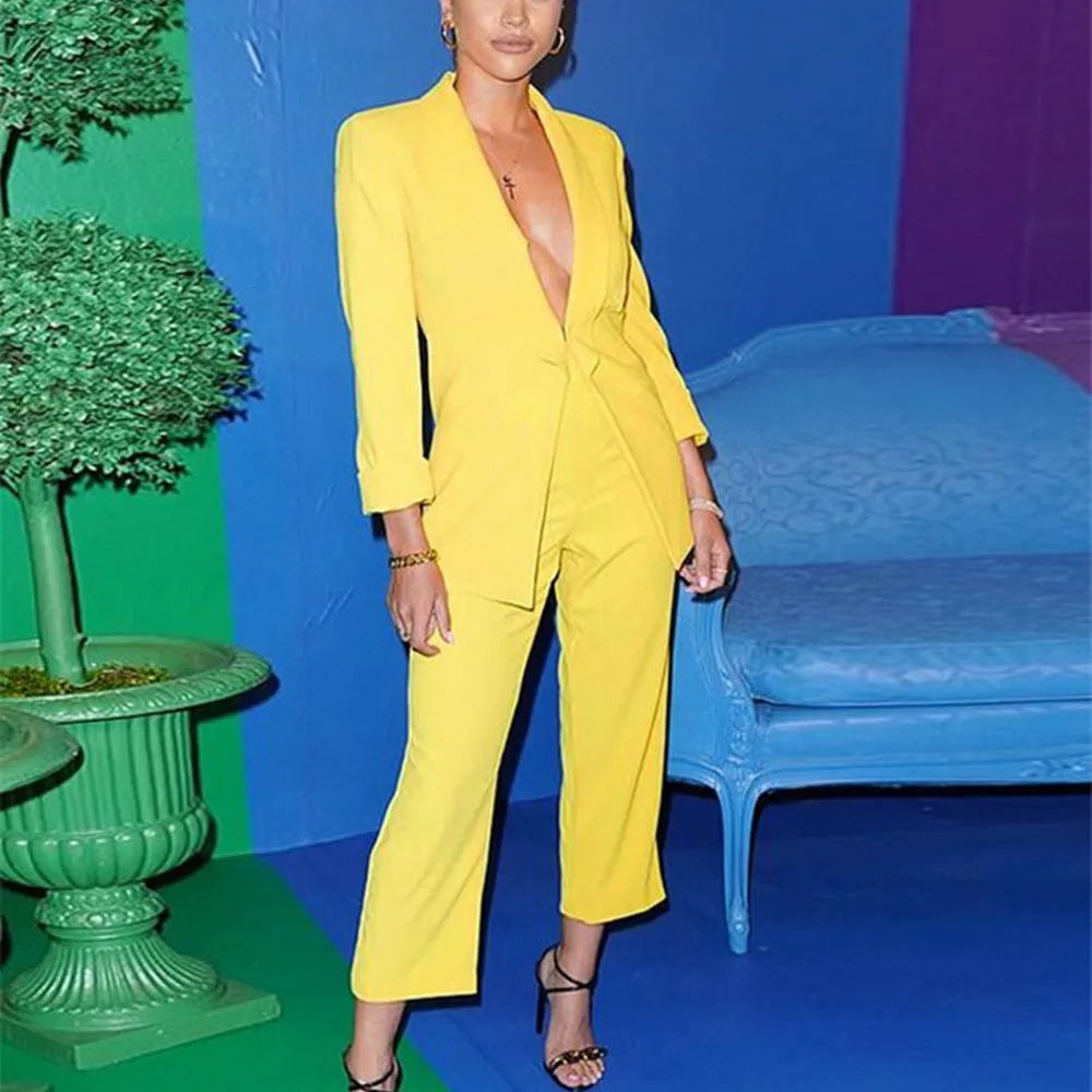 Yellow Business Pant Suits for Women Ladies Single Breasted Blazer with Pants Women's Work Pantsuit Custom Made