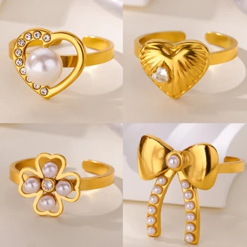 Imitation Pearl Bow Heart Rings for Women Stainless Steel Gold Color Four Clover Flower Ring Fashion Wedding Waterproof Jewelry