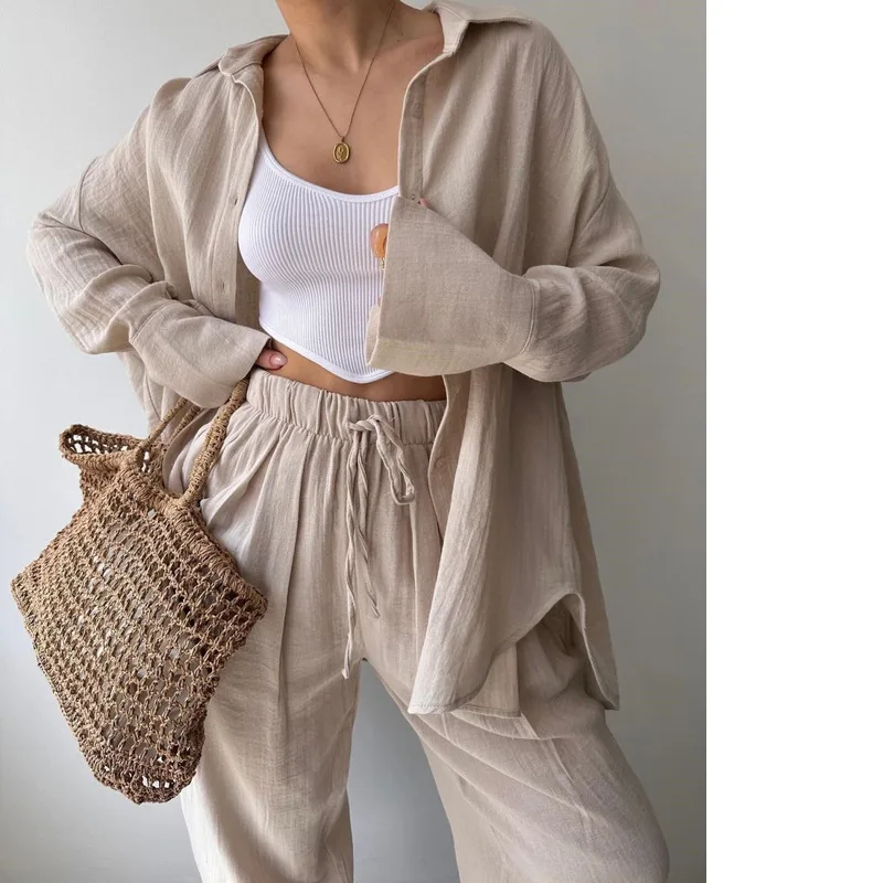 Spring Summer Autumn Thin Solid Color Long Sleeve Sports and Leisure Long Cool Shirt Outside Two Sets European  American Women