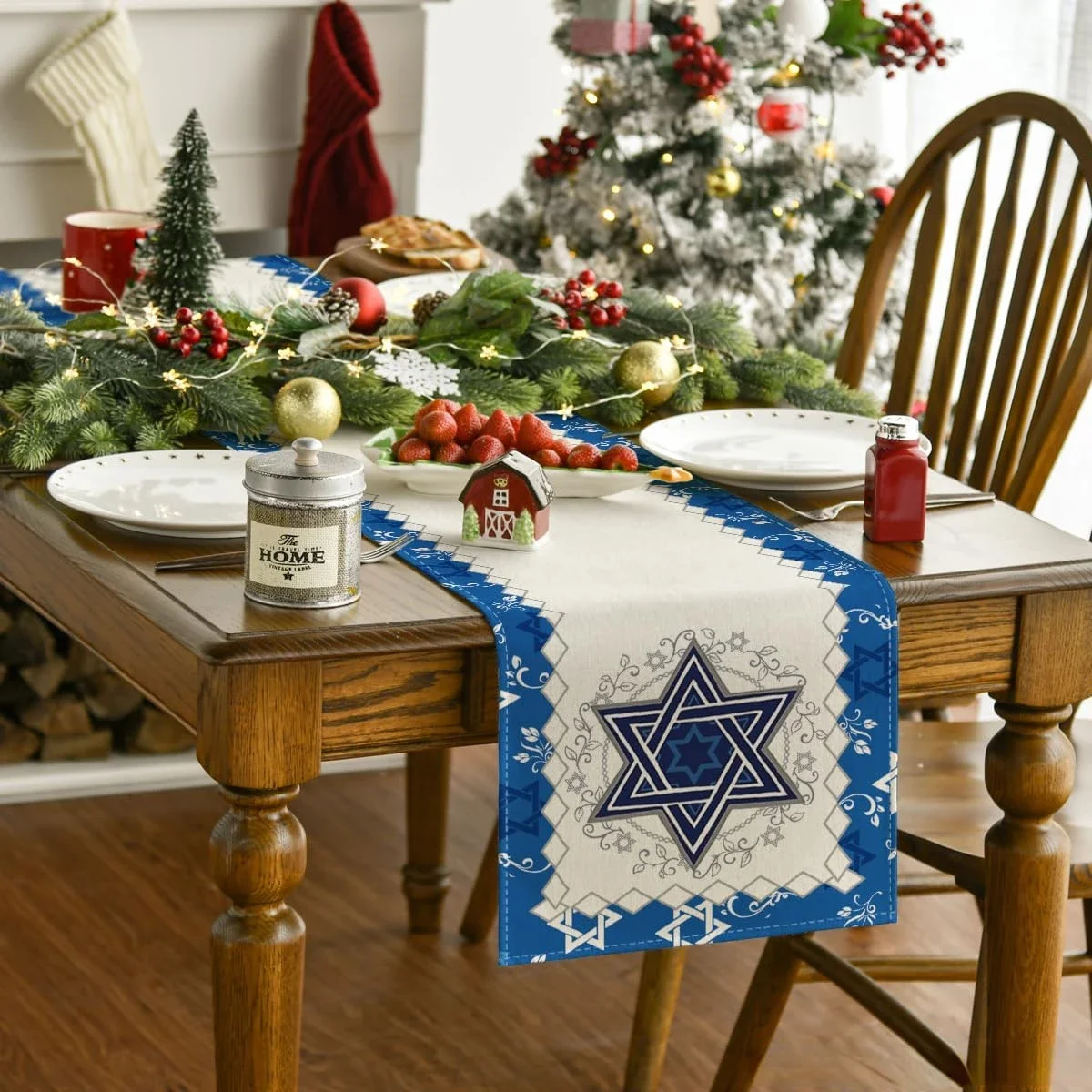 Passover Linen Table Runner – Star of David & Menorah Design 3