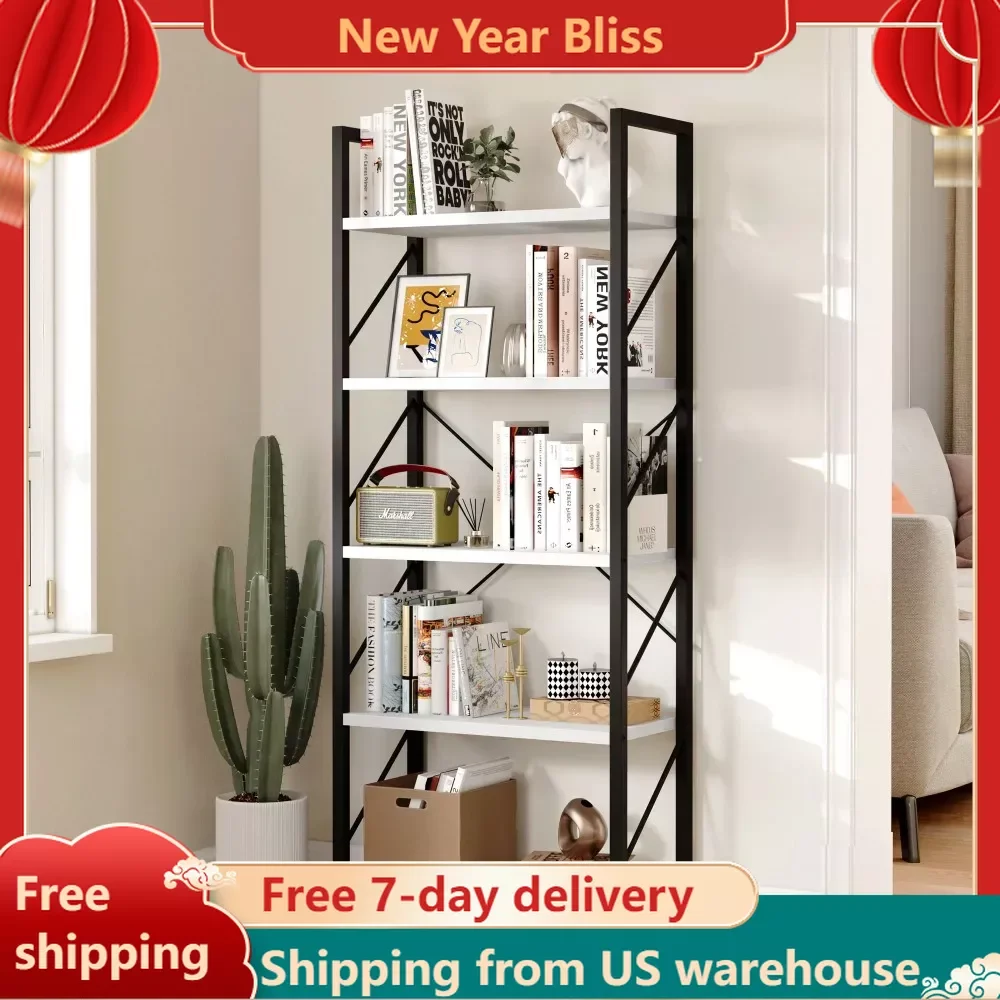 

5-Tier Bookshelf Sturdy Wood Storage Bookcase Shelves with Metal Frame Plant Display for Living Room Office White, Free Shipping