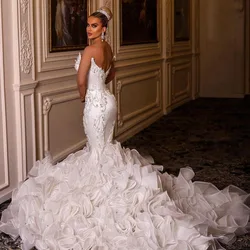 Luxury Beaded Zipper Back Wedding Dress Exaggerated Ruffles Lush Mesh Train Prom Evening Gowns Long Beads Mermaid Bridal Dresses