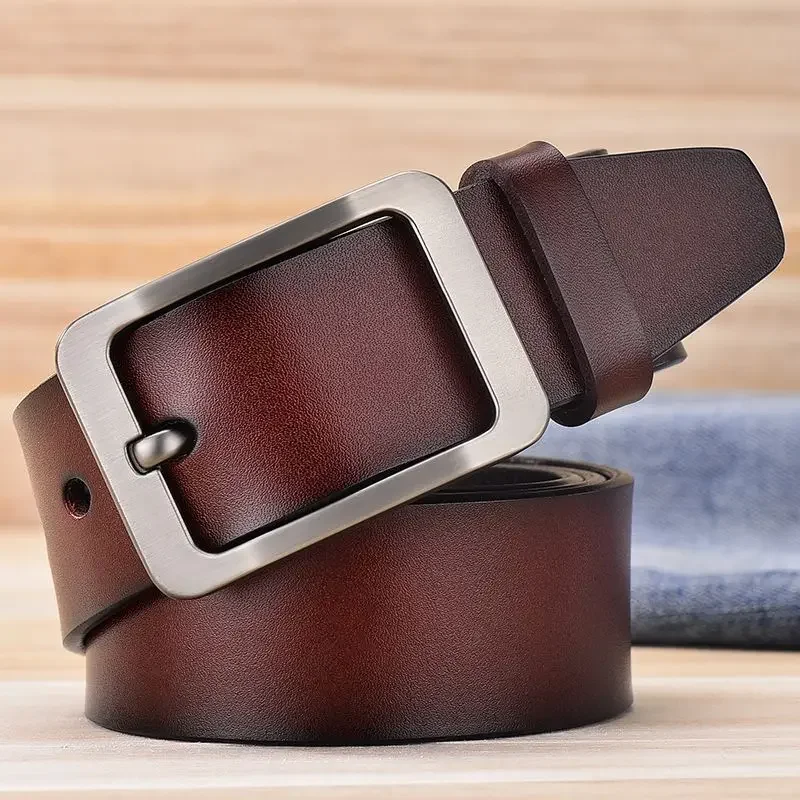 Herren-Ledergürtel mit Dornschließe aus Legierung, 3,8 cm breit, Vintage-Stil, hochwertiger schwarzer/brauner Taillengürtel – Detail 4