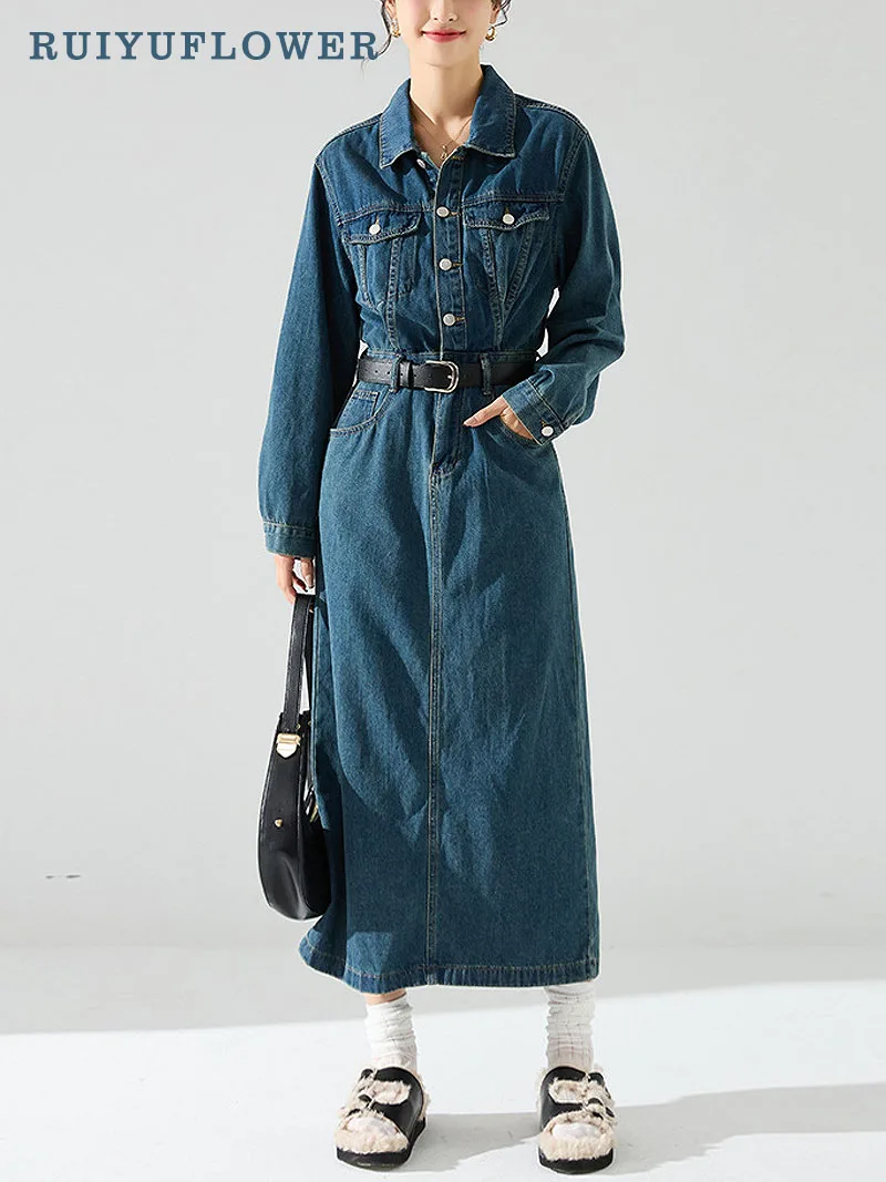 

Lady France Retro Casual Denim Slim Long Dress Spring Autumn Winter Full Sleeve Turn-Down Collar High Waist Skirt Women Clothing