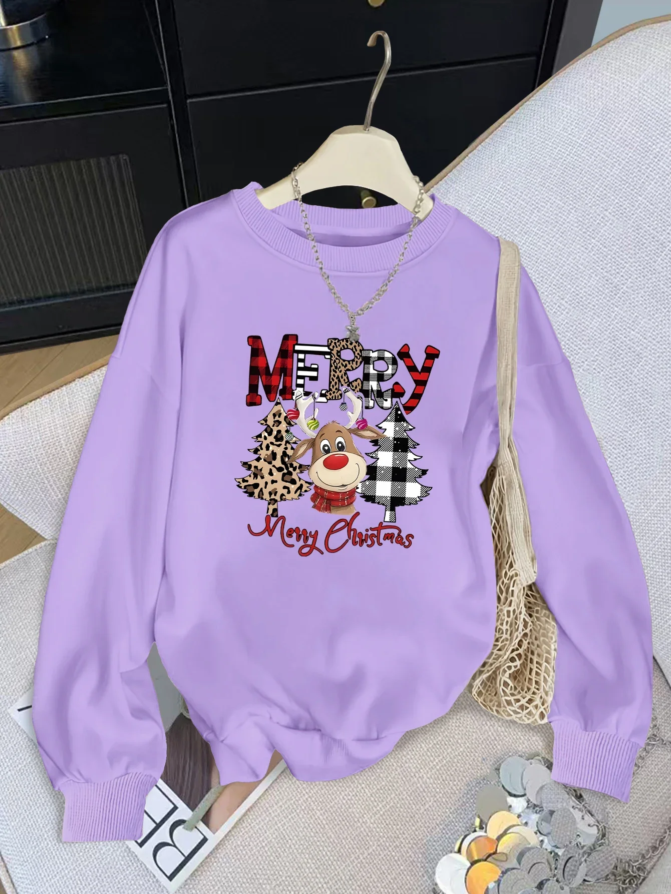 Christmas womens simple printed long sleeved round neck pullover knitted fabric loose fit autumn and winter fashionable top 4