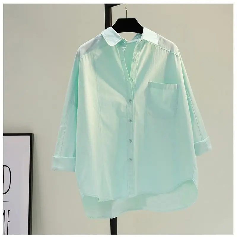 100% Pure Cotton Rose Red Long Sleeved Shirt for Women's 2024 Spring/summer New Single Pocket Loose and Slimming Casual Top