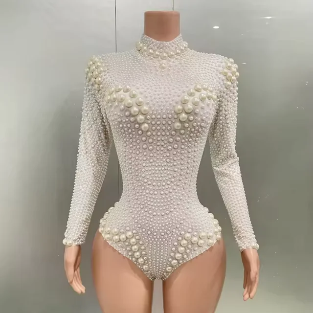 Yiling white pearl long-sleeve sexy elastic tight-fitting jumpsuit club party dress DJ female singer stage performance clothing