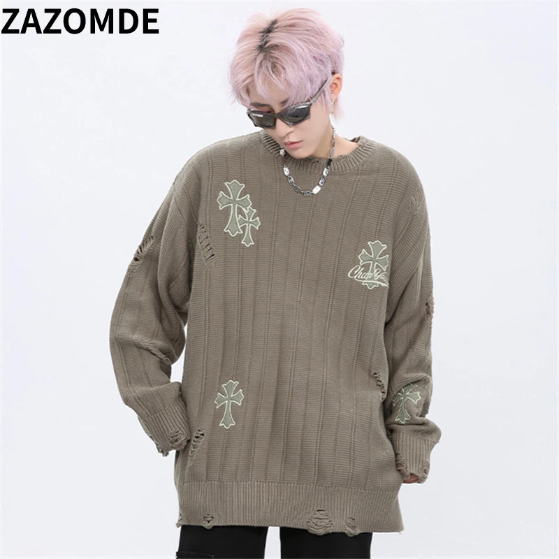 ZAZOMDE 2022 Knit Sweaters Men Streetwear Hip Hop Pullovers Jumper Fashion Oversized Sweaters   All-match Men Winter Clothes