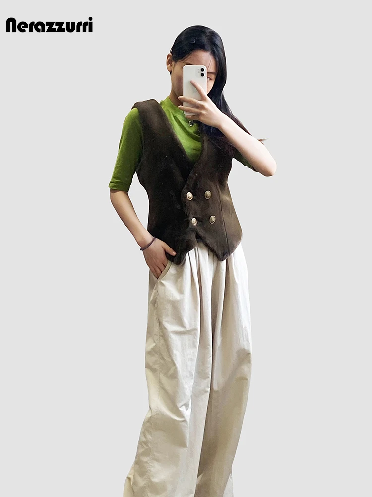 

Nerazzurri Autumn Short Luxury Elegant Chic Stylish Soft Thick Faux Fur Vest Women Double Breasted Fluffy Sleeveless Jacket 2023