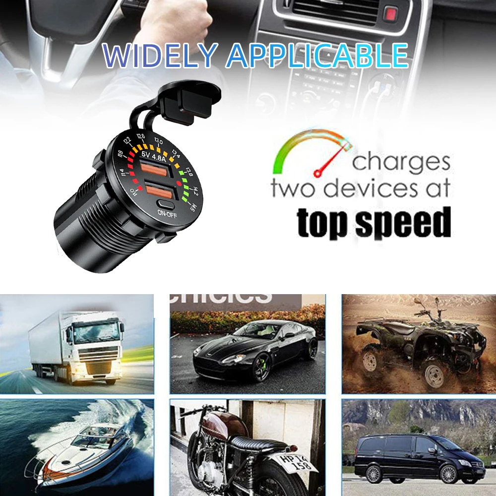 Car Charger QC 3.0 18W Dual USB 12V 24V Waterproof USB PD Outlet Fast Charge with LED Voltmeter ON OFF Switch For Car Motorcycle