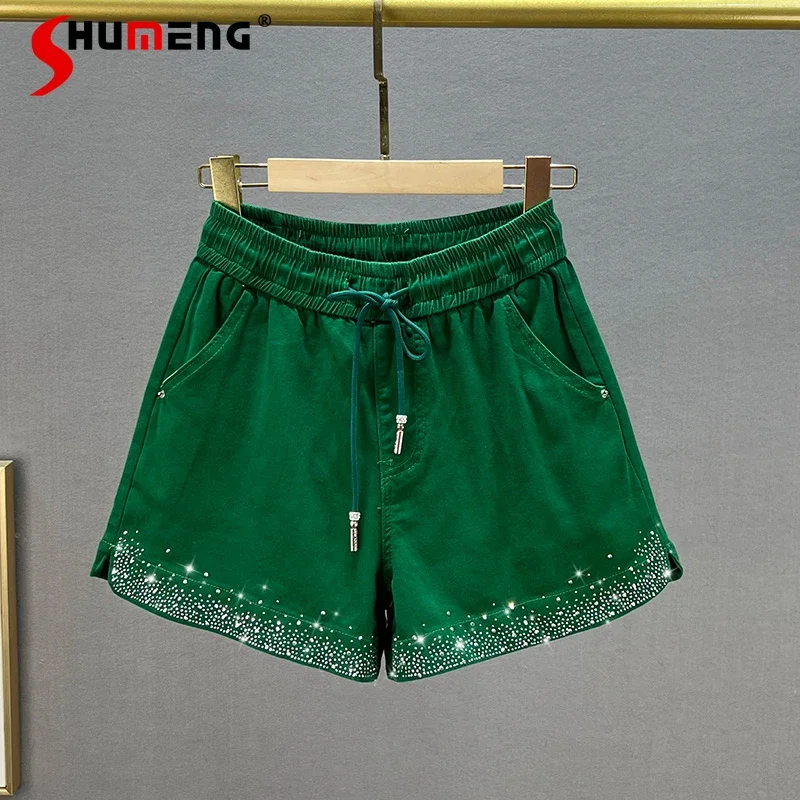 Hot Rhinestone Denim Shorts Women Trendy 2022 Summer Shorts High Waist Slimming Thin A- Line Wide Leg Shorts Female Hot Pants