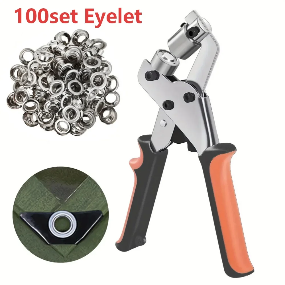 Portable Handheld Grommet Tool Kit with 10mm Silver Grommets and Manual Press Pliers
