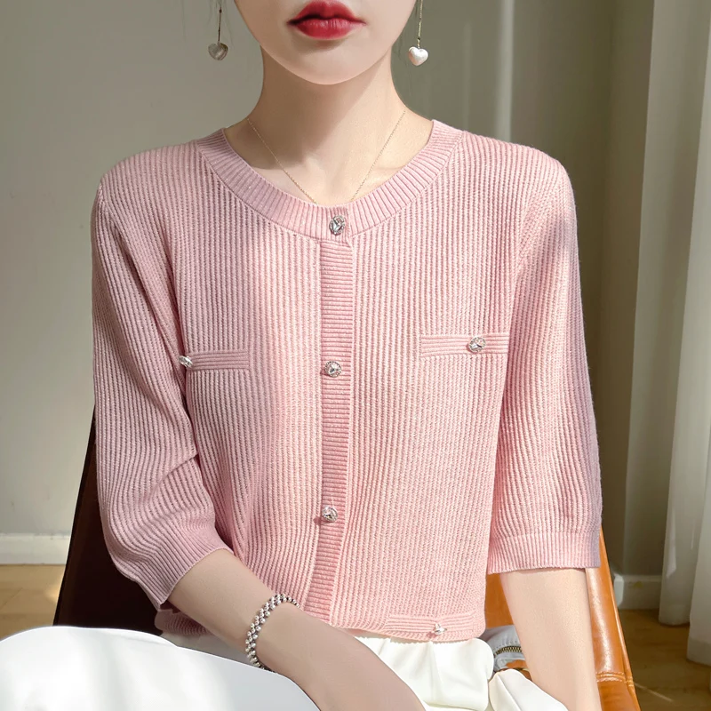 

High-grade fragrance worsted wool short-sleeved women's round neck sweater spring and summer fashion western-style blouse loose