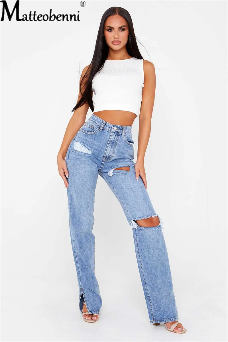 2022 Fashion Ladies Jeans High Waist Retro Straight Flared Trousers Loose Casual Hole Sexy Wide Leg Pants Women's Street Pants summer retro gothic denim patch shorts ladies trend high street harajuku high waist wide leg pants loose hot girl style