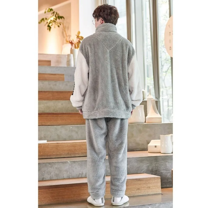 2023 new Autumn and Winter Loungewear Coral Velvet Pajamas Men's Thickened Plush sleepwear Warm Zipper Set Casual Homewear
