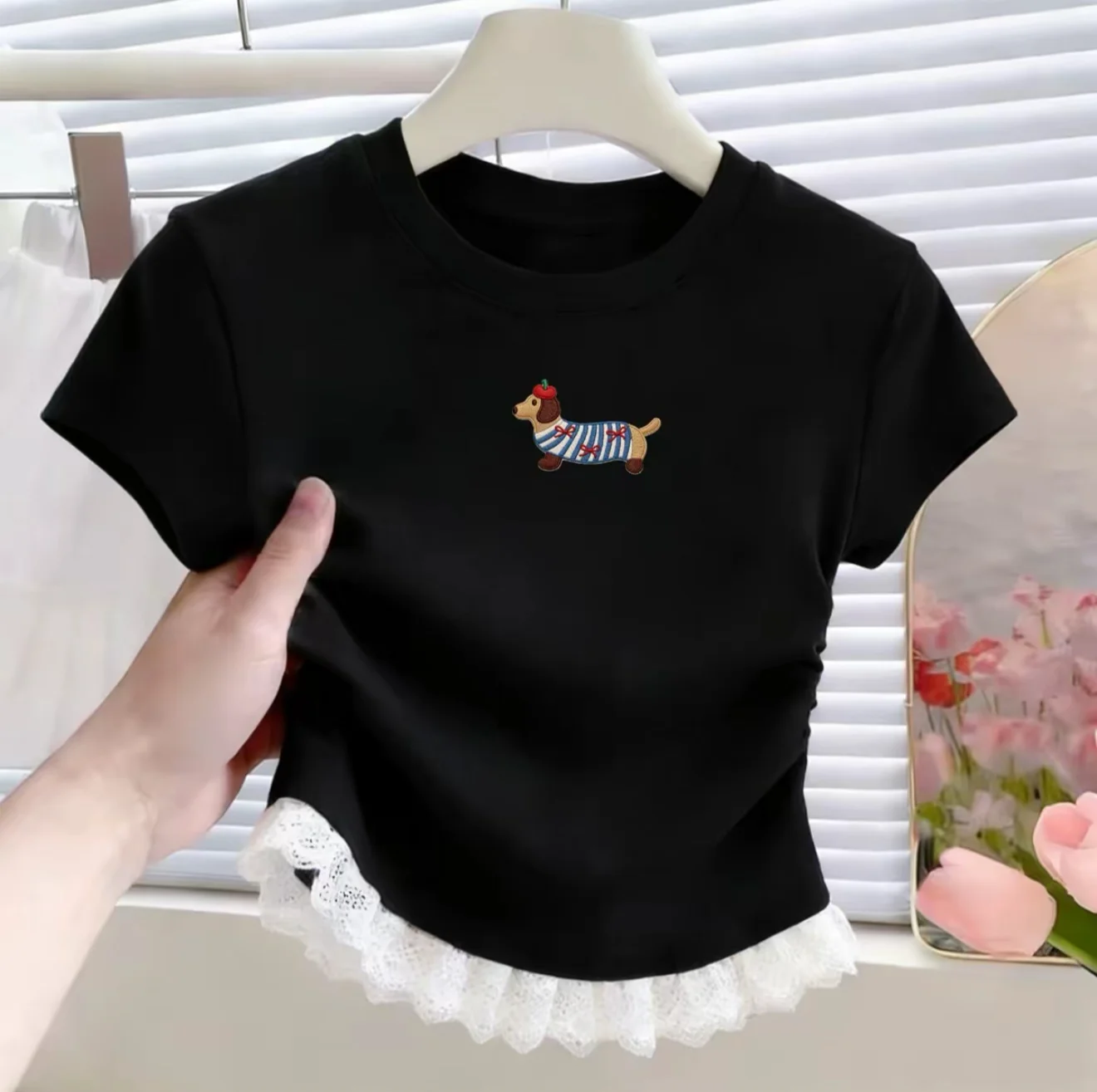 여아용 면 레이스 패치워크 밑단 반팔 티셔츠 허리 조절 여름 캐주얼 핏 아동복 라운드넥 상의