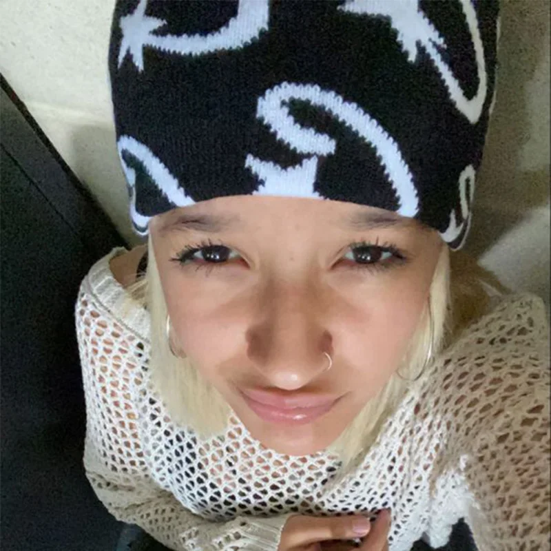Knitted Hat Couple Hip-hop Trendy Beanie Letter Jacquard Women Male Winter Warm Wool Balaclava