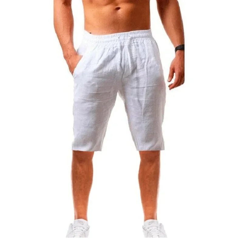 Men's Cotton Linen Short Pants Lightweight Hawaiian Summer Shorts Men Breathable Solid Color Casual Short Trousers 2