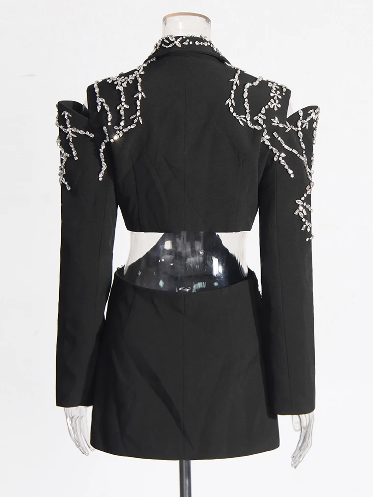 TWOTWINSTYLE Solid Spliced Diamonds Chic Blazers For Women Notched Collar Long Sleeve Patchwork Button Designer Coat Female New 3